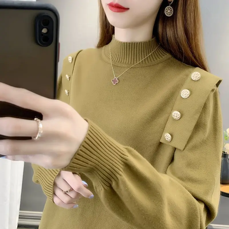 2023 Autumn and Winter Women's Solid Half High Collar Long Sleeve Loose Pullover Knitted Sweater Button Fashion Casual Tops
