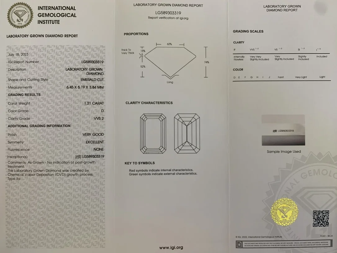 Ruif Emerald Cut 1.21ct  Ｄ VVS2  Lab Grown Diamond CVD for Luxury Jewelry Making with IGI Certificate