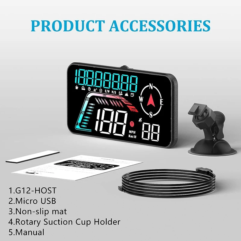 G12 HUD Head-Up Display GPS Car Display Speeding Alarm Driving Speed Universal As Shown Durable Easy Install