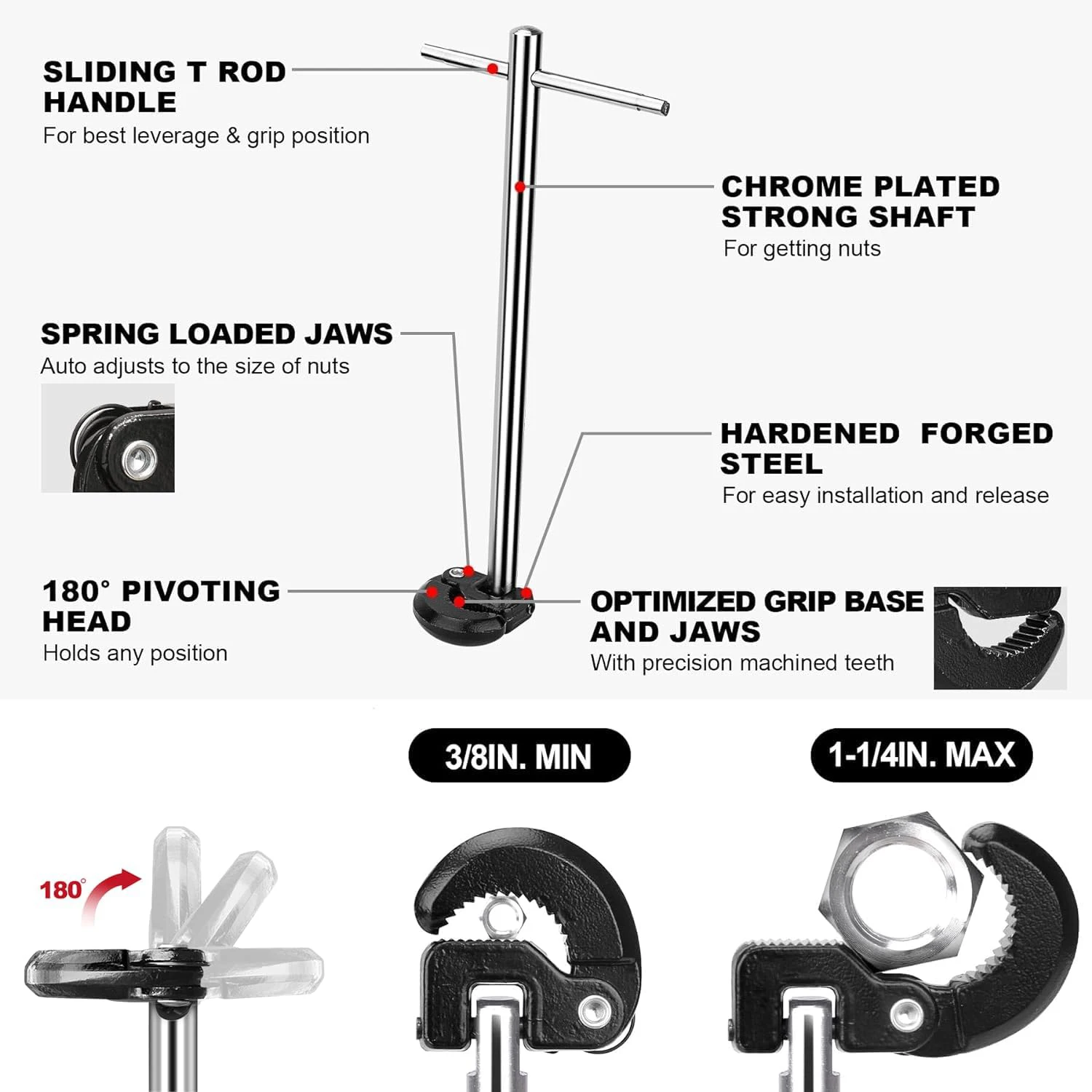 10-Inch Adjustable Basin Wrench for Sink Faucets DIY Grade Carbon Steel Customizable 3/8 