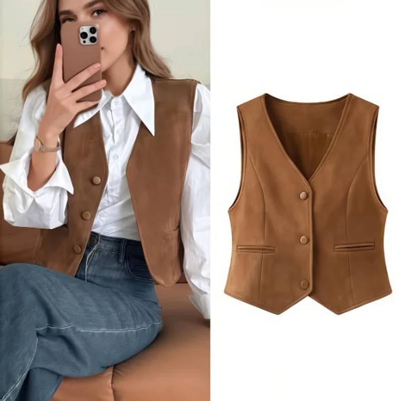 Women Vintage Suede Vest Sleeveless V Neck Button Waistcoat Casual Cropped Tank Top