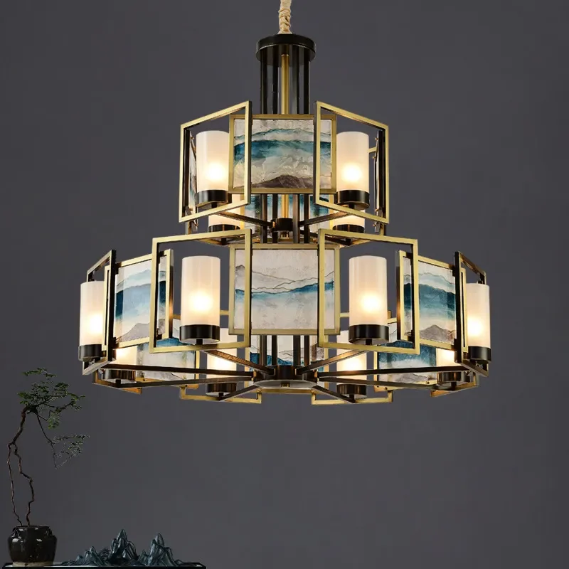 New Chinese Style Enamel Square Chandelier Retro Ceiling Light for Living Room Bedroom Dining Room Home Decor