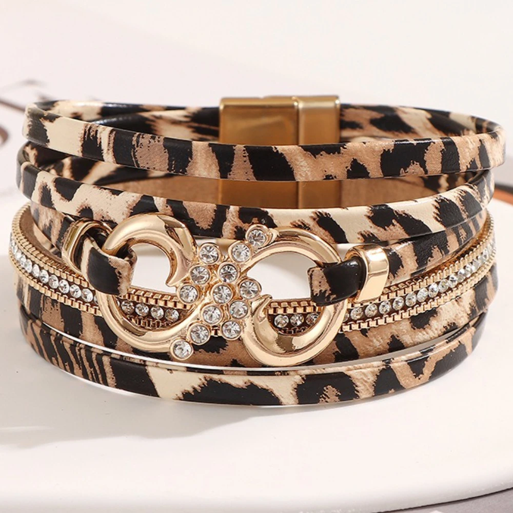 Fashion Multi-layer PU Leather Leopard Print Bracelets Female Wireless Symbol Inlaid Rhinestone Geometric Bangles Wristband