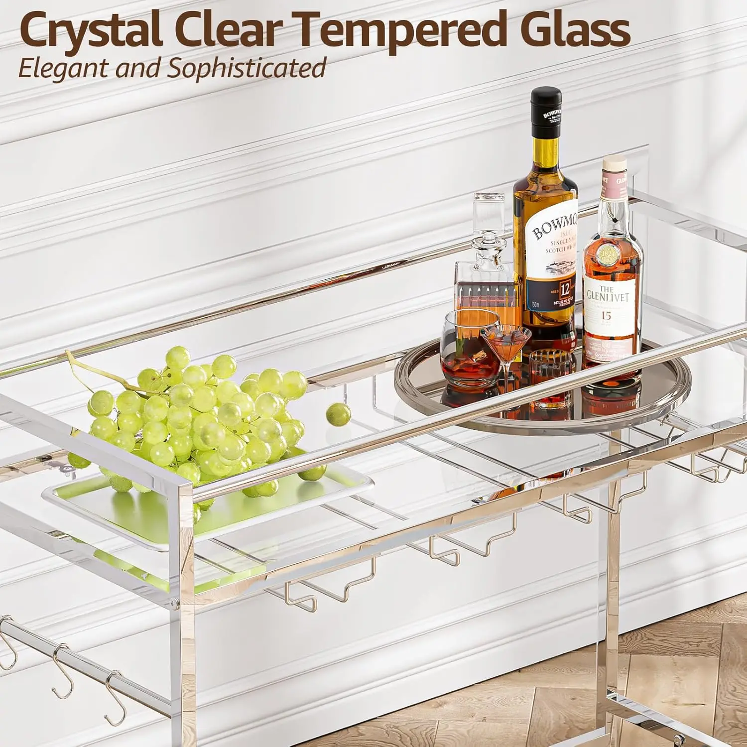 عربة بار، عربة تقديم بار منزلية على عجلات قابلة للقفل، عربة دوارة من طبقتين مع أرفف من الزجاج المقسى ورف النبيذ