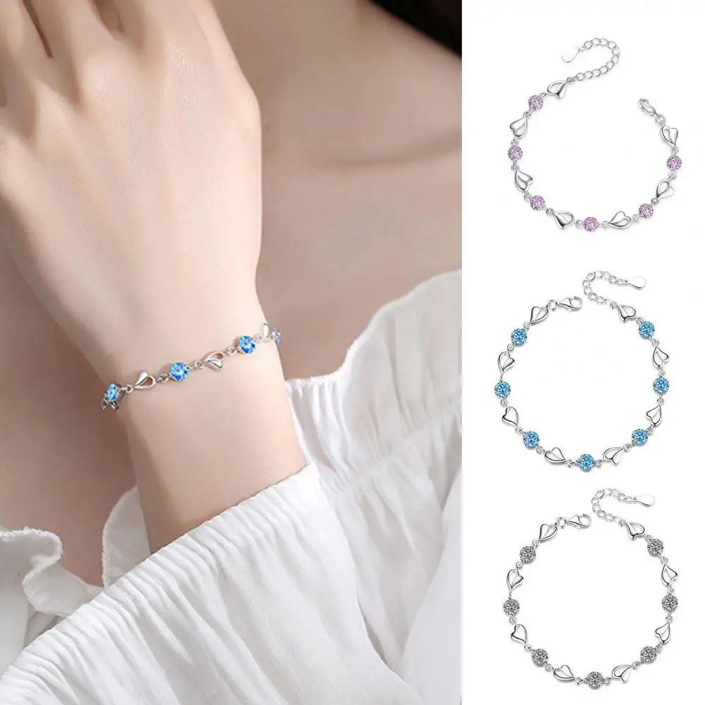 23cm Women Bracelet Heart Shape Charm Blue Rhinestone Adjustable Length Alloy Ocean Theme Wrist Jewelry Holiday Birthday Gift