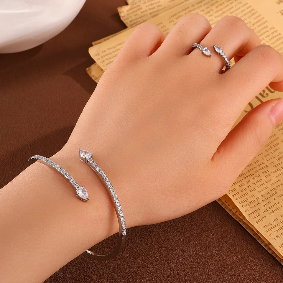 ZAKOL Silber-Gold-Farbenes Kupfer-Zirkonia-Offenes Armband-Ring-Hochzeitsschmuck-Set für Damen, Wassertropfen-CZ-Armreif-Set, Party-Geschenk – Detail 5