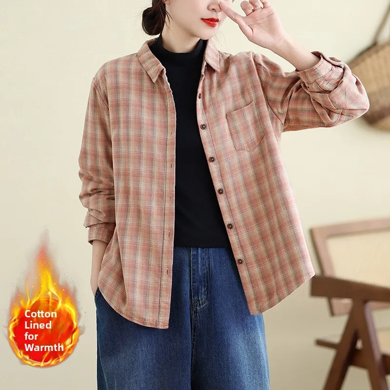 

Женское клетчатое хлопковое пальто irt Long Sve, повседневное свободное теплое пальто с внутренней стороны, весна-осень-зима, воротник на одной пуговице