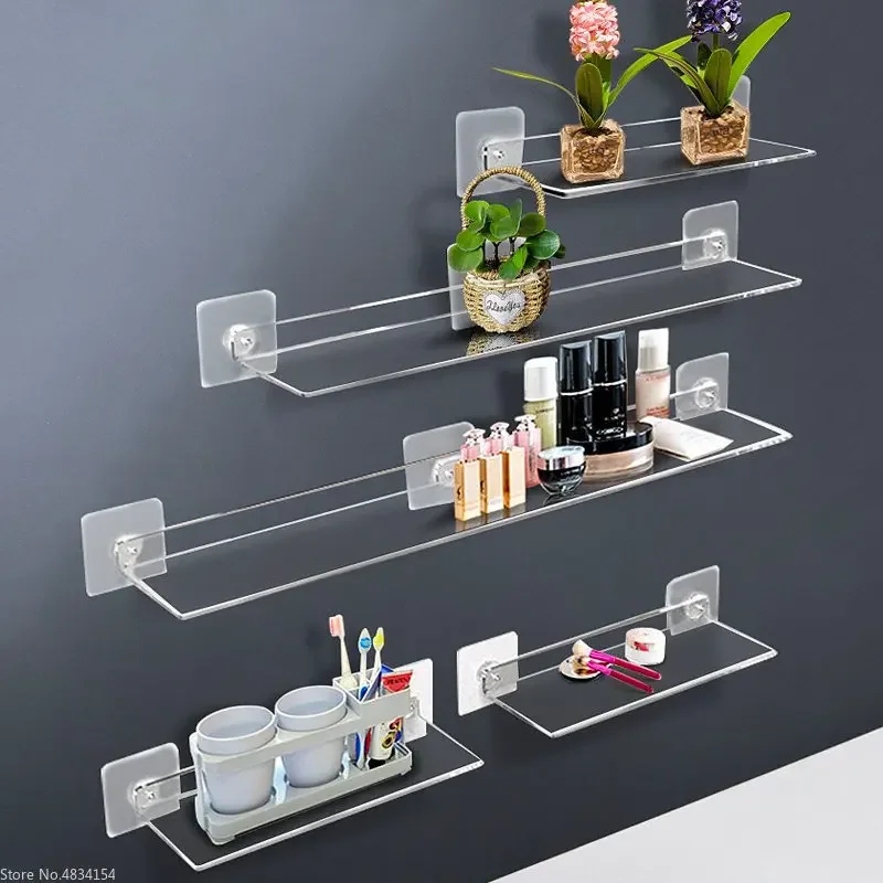 Storage Rack Acrylic Shelf Clear Wall Mounted Thick Transparent Floating Display Stick Bathroom Kitchen Ledge Organizer 20-50cm