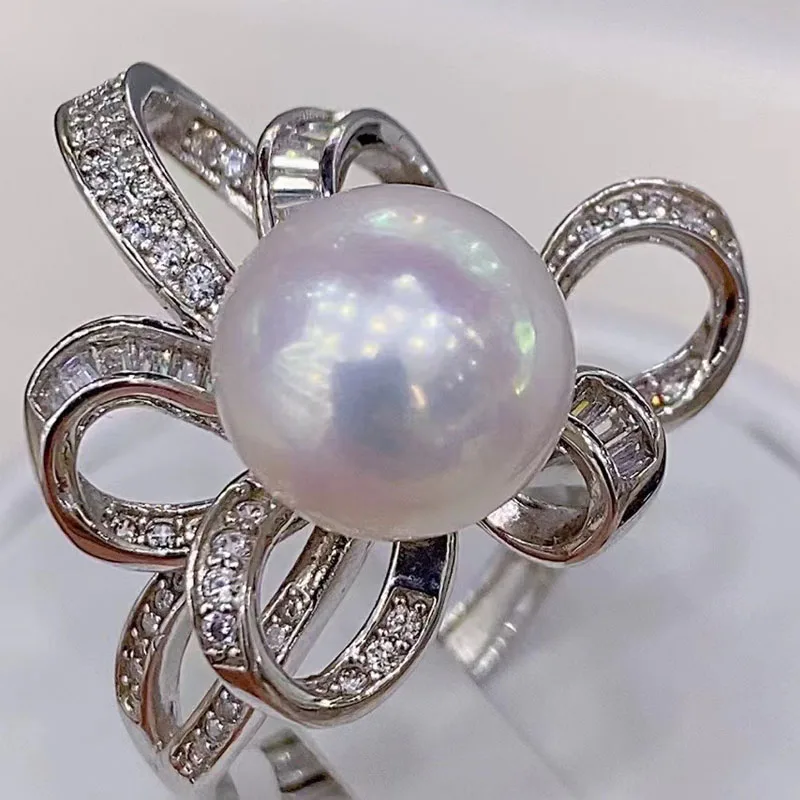 12-13mm Edison Pearl Ring Near-Round Micro Flawed 925 Sterling Silver Inlaid Natural Pearl Ring Edison Ring