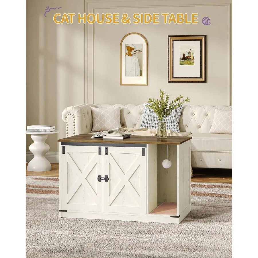 أثاث خزانة صندوق نفايات القطط المخفي مع جرس للقطط الداخلية تصميم على طراز المزرعة باللون البني والأبيض الريفي 39