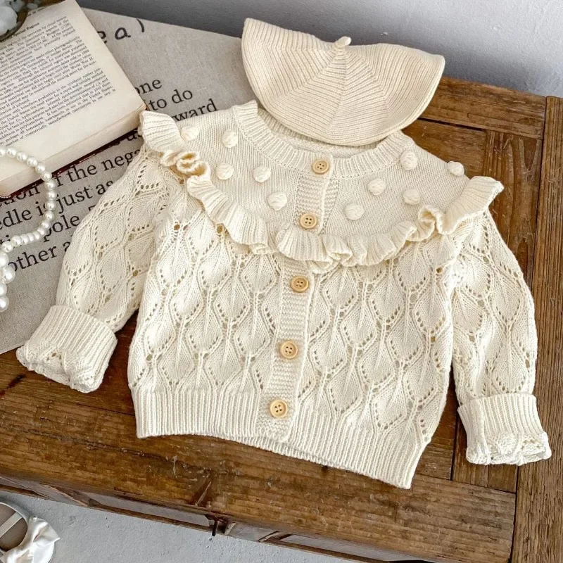 

2024 Autumn Infant 0-3Y Knitted Cardigan Baby Girl Fashion Ruffle Collar Knitting Hollow Coat Toddler Spring Long Sleeve Sweater