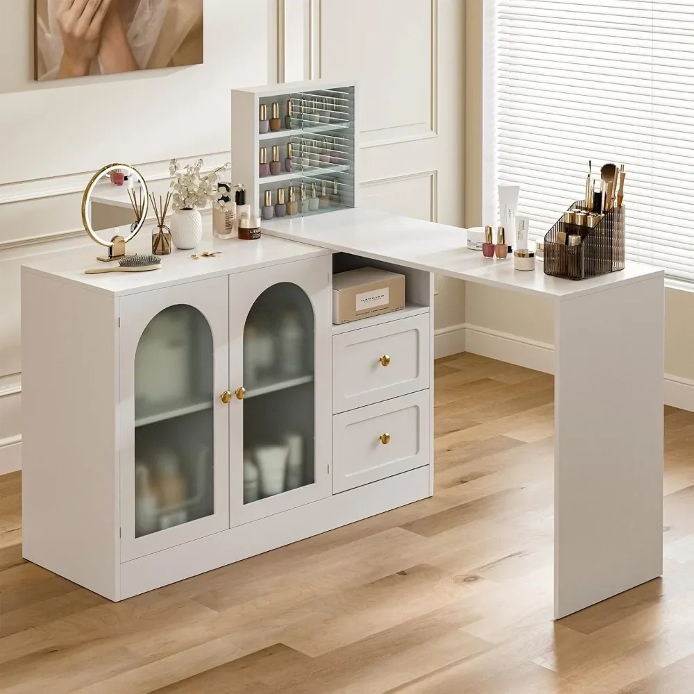 

Manicure Table for Nail Tech, Modern L-Shaped Nail Desk Station with Cabinet and 2 Drawers, Beauty Salon Workstation Decor with