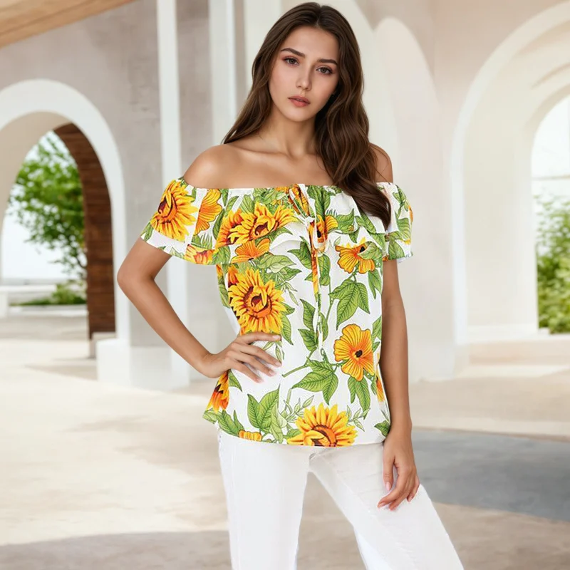 

2025Women's New Summer Off-Shoulder Printed Vintage European and American Style Elastic Short Sleeve Shirt TopJR1465