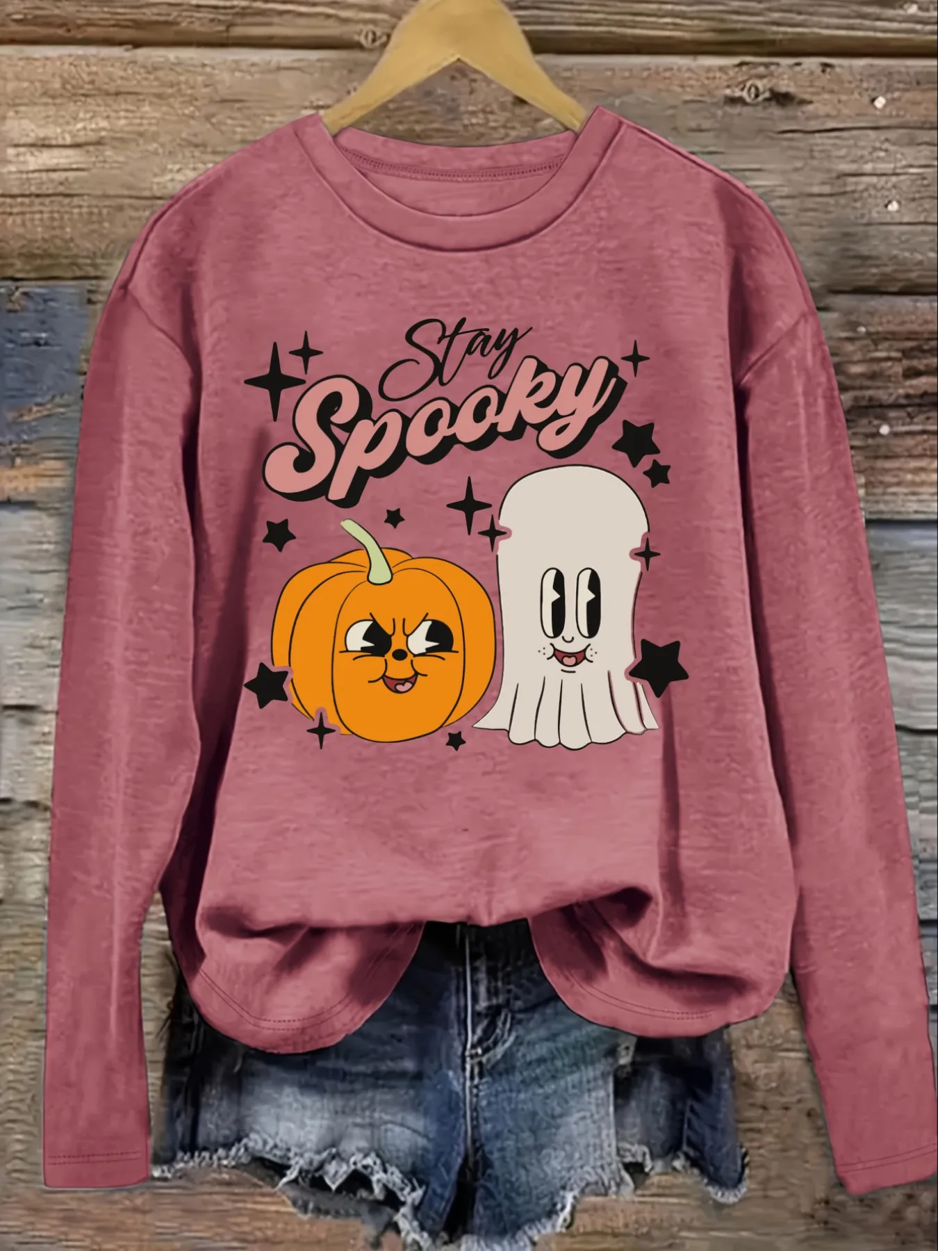 Women's Casual Long Sleeve Crew Neck T-Shirt Stay Spooky Pumpkin Ghost Stars Design, Round Neck Women's Clothing, Machine Washable, Slightly Elastic, Loose Fit, Spring Autumn Winter Women's T-Shirt, Halloween Costume Outfit view 3