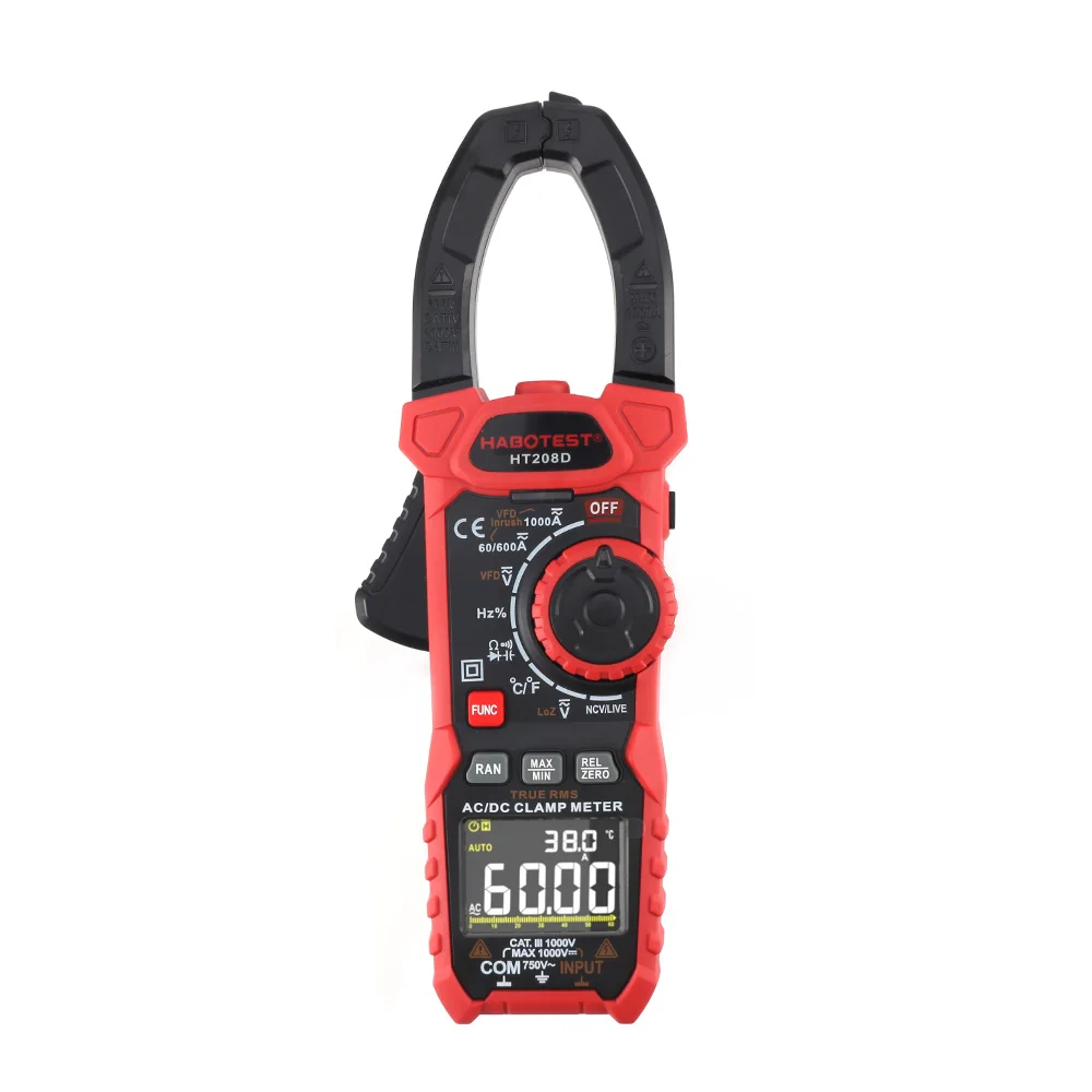 1pc HABOTEST HT208D Digital Clamp Meter 6000 Counts Frequency Duty DC AC Voltage Capacitance Resistance DCA Zero REL VFD Gauge