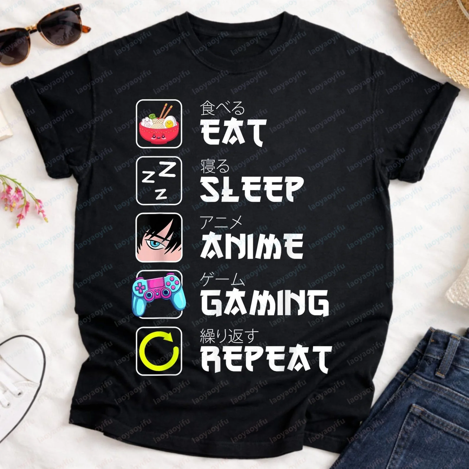 Eat Sleep Anime Gaming Repeat Funny Manga Lover Otaku Gamer T-shirt Casual Fashion Loose Harajuku O-neck Man Women Clothing