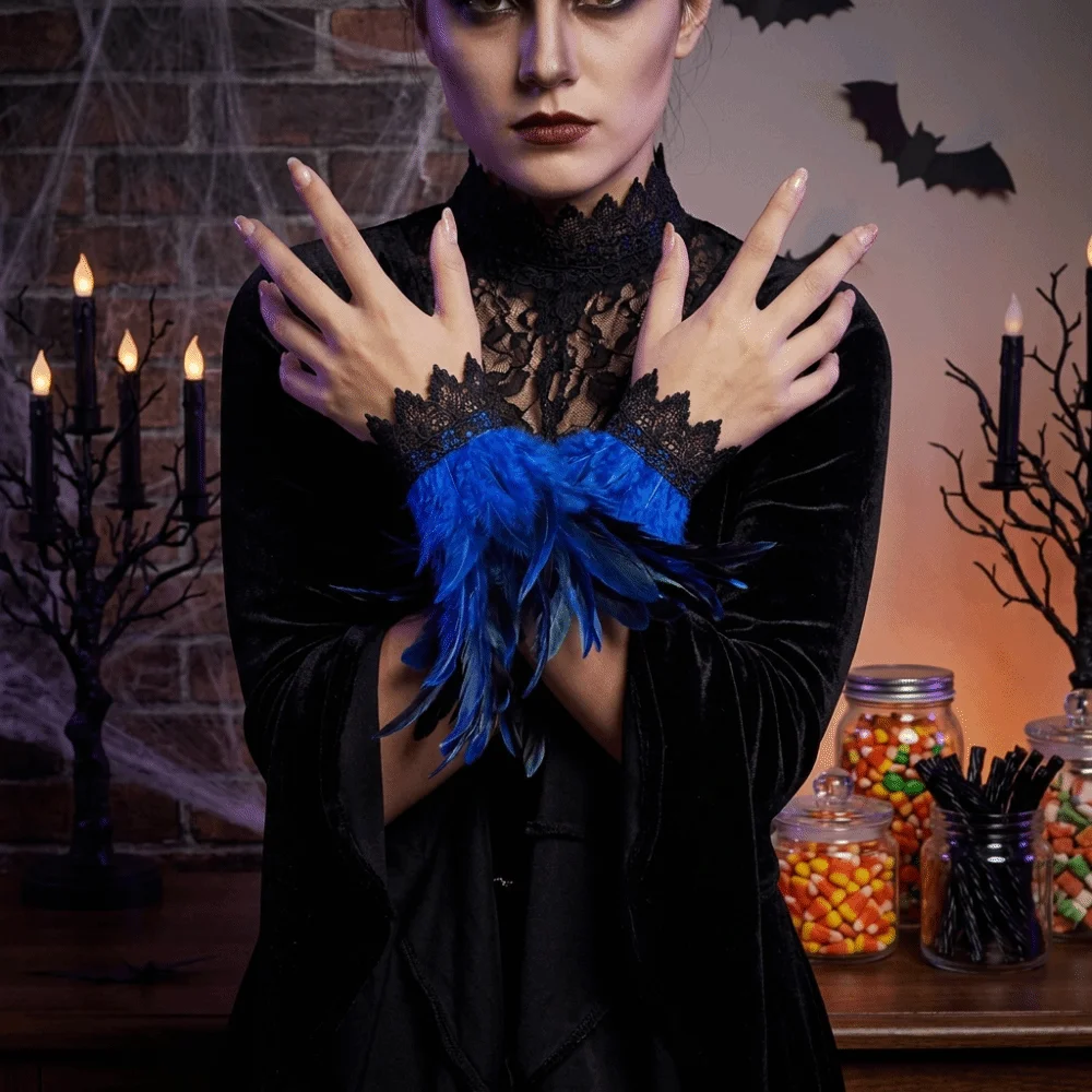 Fashion Black Fluffy Feather Wrist Cuffs Adjustable Lace Halloween Arm Cuff Gloves Gothic Lightweight Plume Bracelet Cosplay