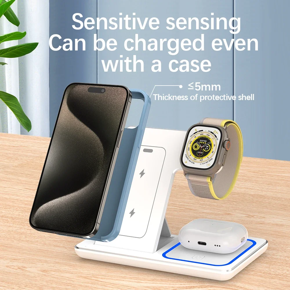 LED Fast Wireless Charger Stand 3 in 1 Foldable Charging Station For iPhone 17 16 15 14 13 12  Apple Watch 9 8 7 6 5 Airpods Pro