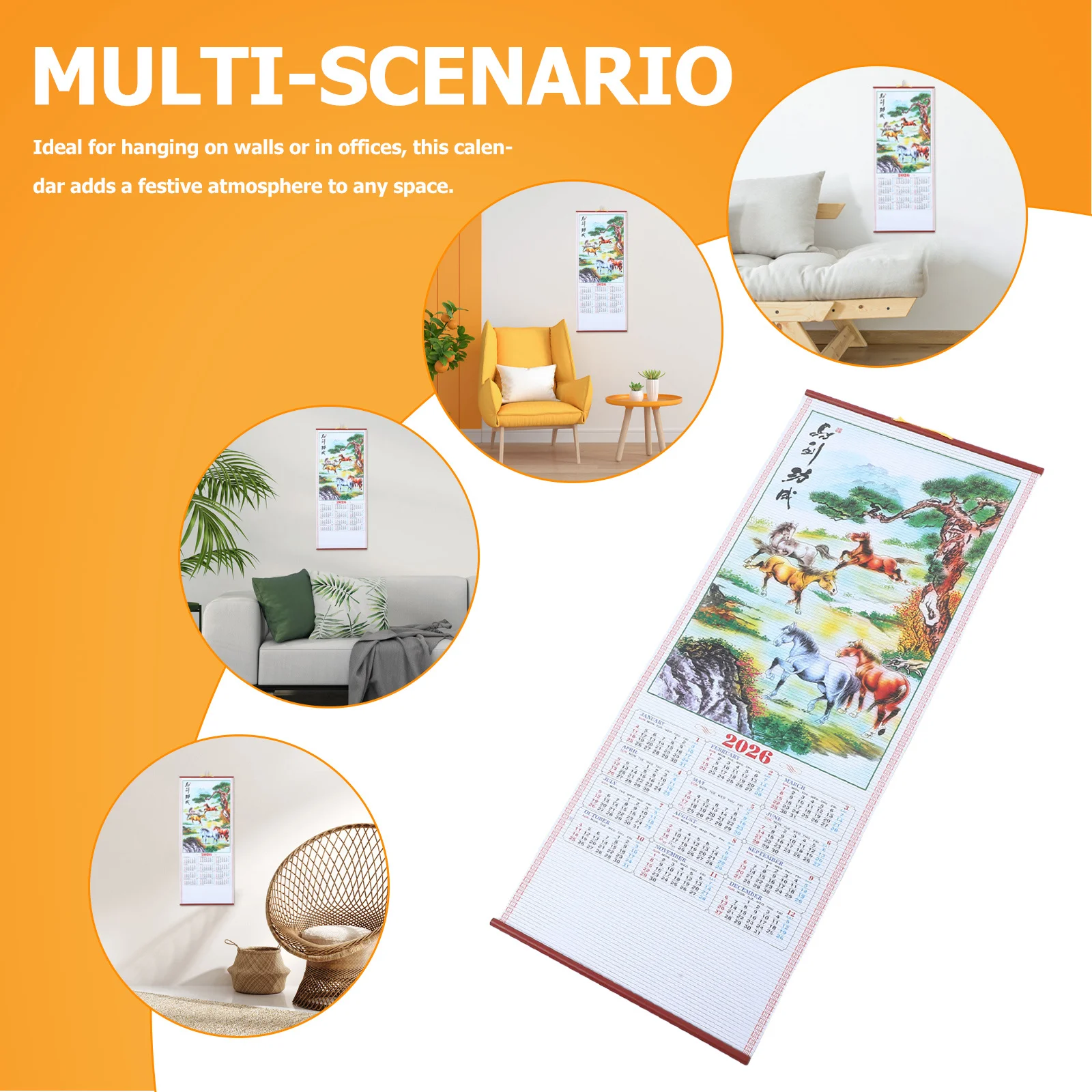 الحصان العام 2026 الصينية القمرية معلقة التمرير التقويم فو الروطان التقليدية جدار التقويم مكتب غرفة المعيشة ديكور