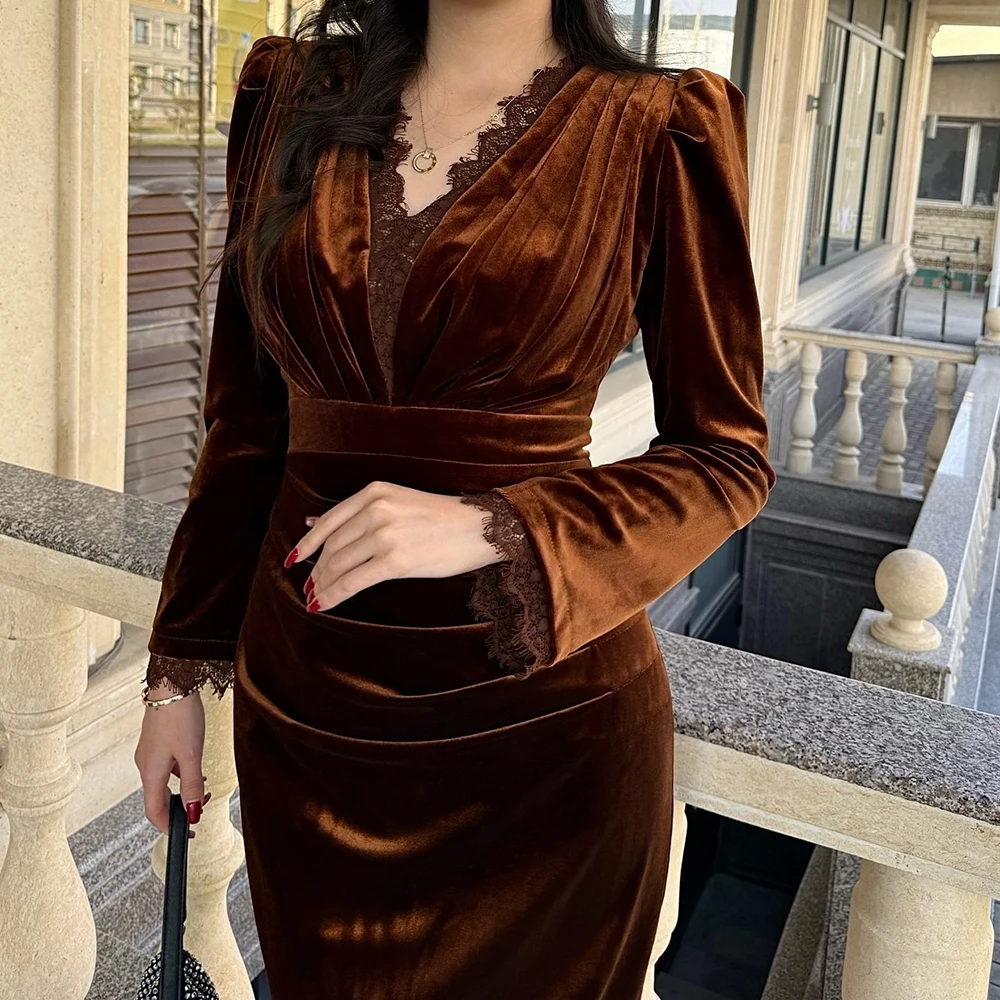 فساتين سهرة مستقيمة مخصصة بطول الشاي ورقبة على شكل حرف V وأكمام طويلة فستان حفلات بسيط من الدانتل بطيات كاجوال للحفلات #3