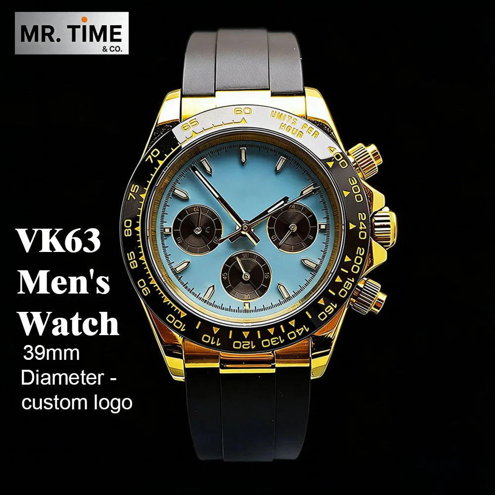New VK63 watch blue dial men's watch 39mm custom logo timing quartz movement watch sapphire glass VK63 movement watch