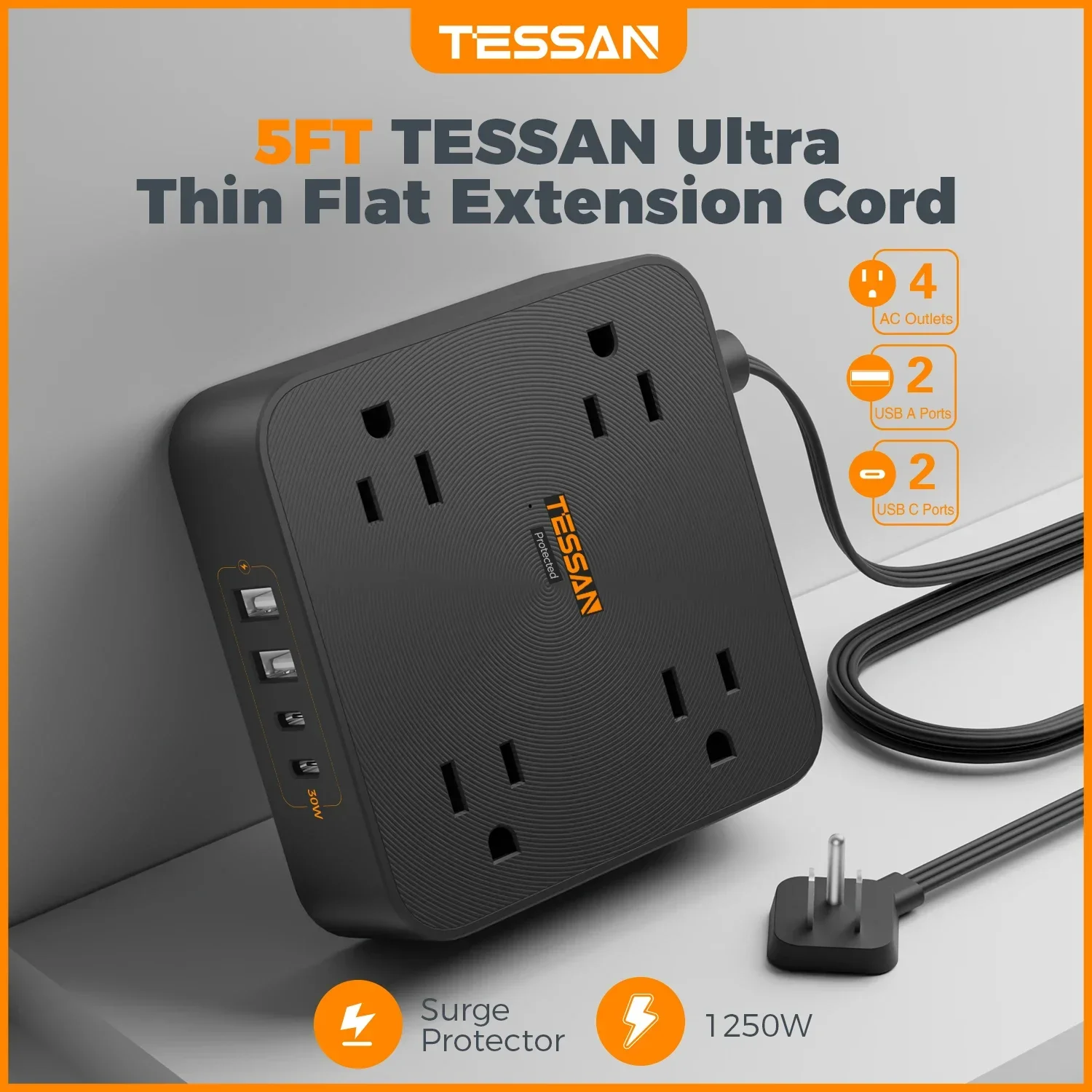 

TESSAN Fast Charger Surge Protector with 4 Outlet Extender 5 FT Flat Plug Extension Cord 4 USB Block Power Delivery (2 USB C)