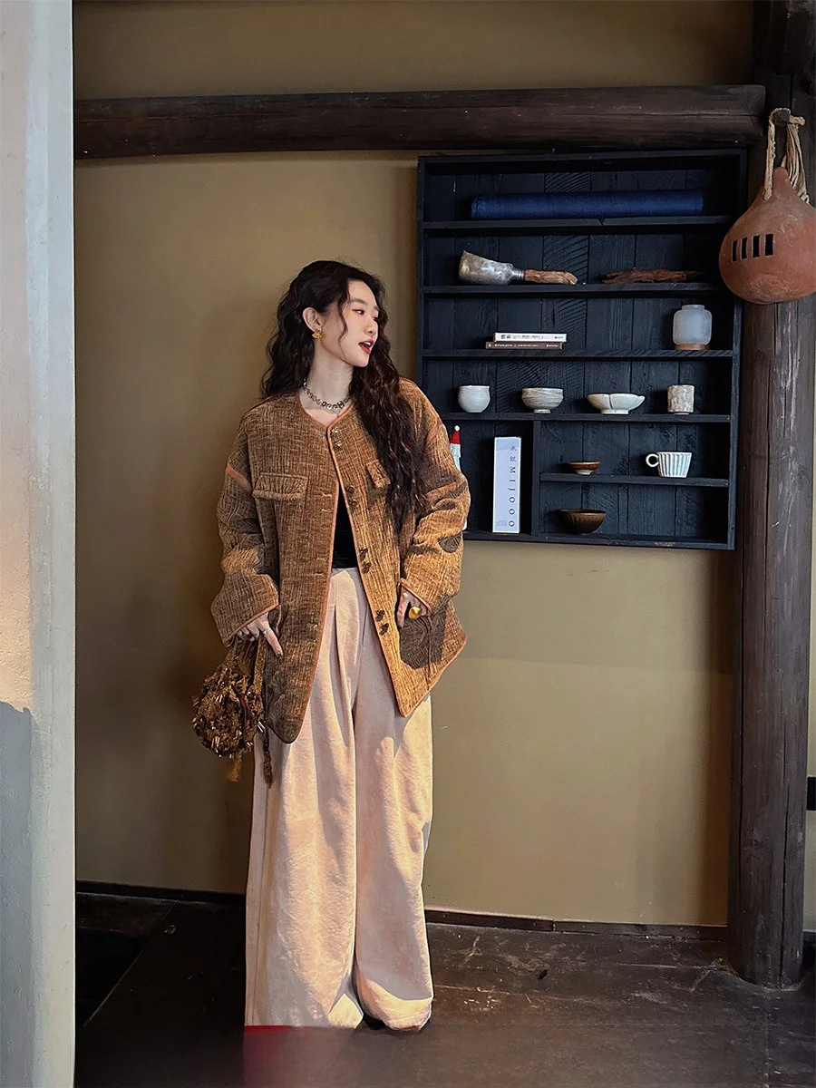 

Новые китайские широкие бархатные джинсы Sanji Bla Flower Jiang Li с микро-клешем, свободные брюки для женщин с высокой талией, глубокий цвет