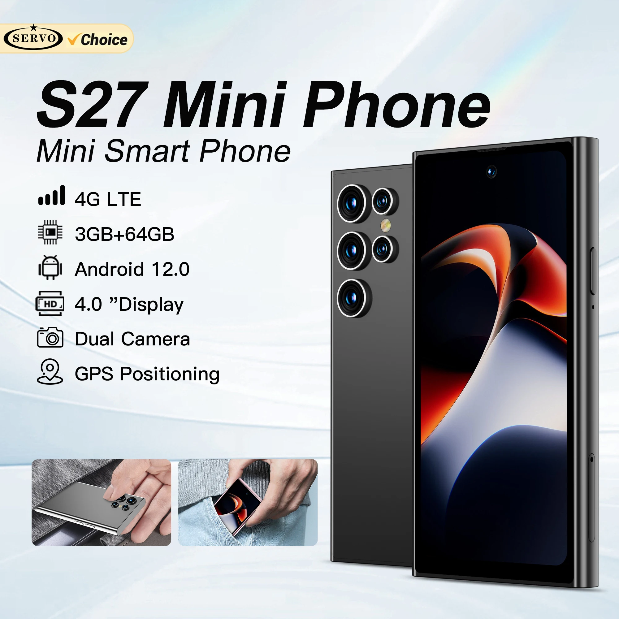 SERVO S27 Mini Android OS Cute Smartphone 4G LTE 3GB+64GB Play Store GPS WiFi Face ID 4.0''  Small Smart Phones Dual SIM Standby