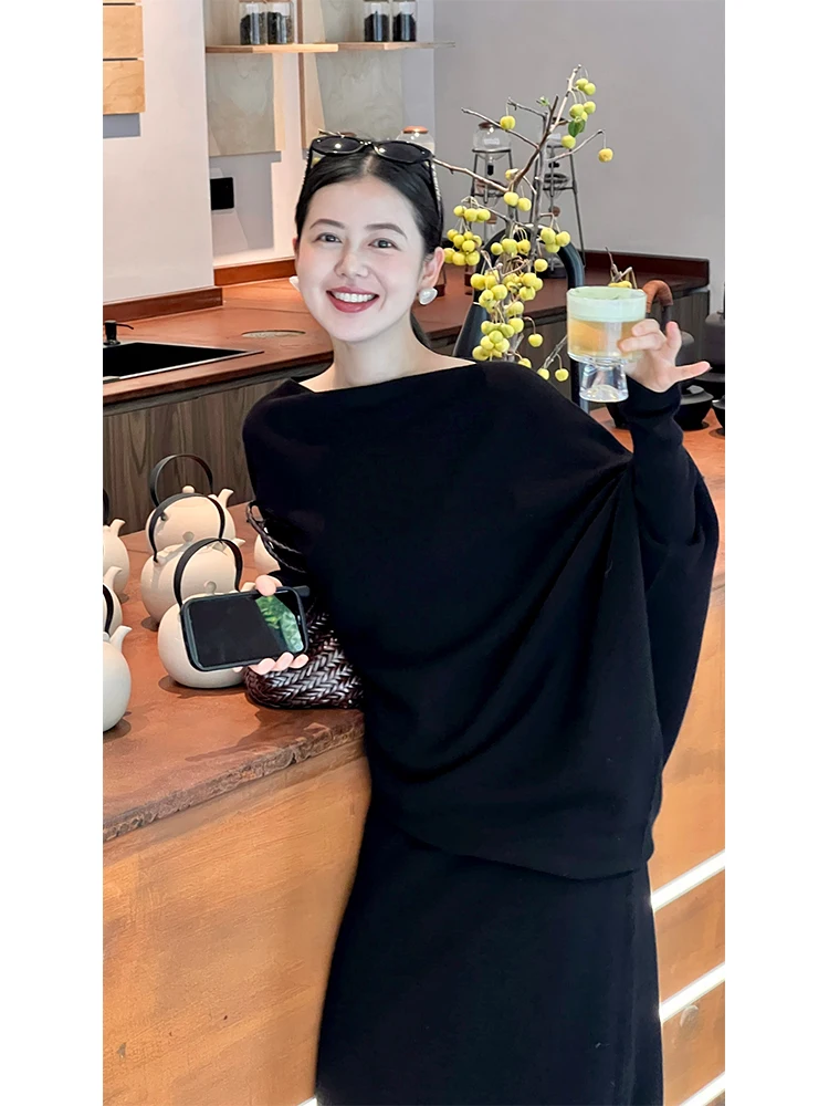 

Ele Lazy асимметричный трикотаж с крыльями летучей мыши, женский шерстяной свитер Sl с интегрированным дизайном, корейский Sle Long Sve, зима