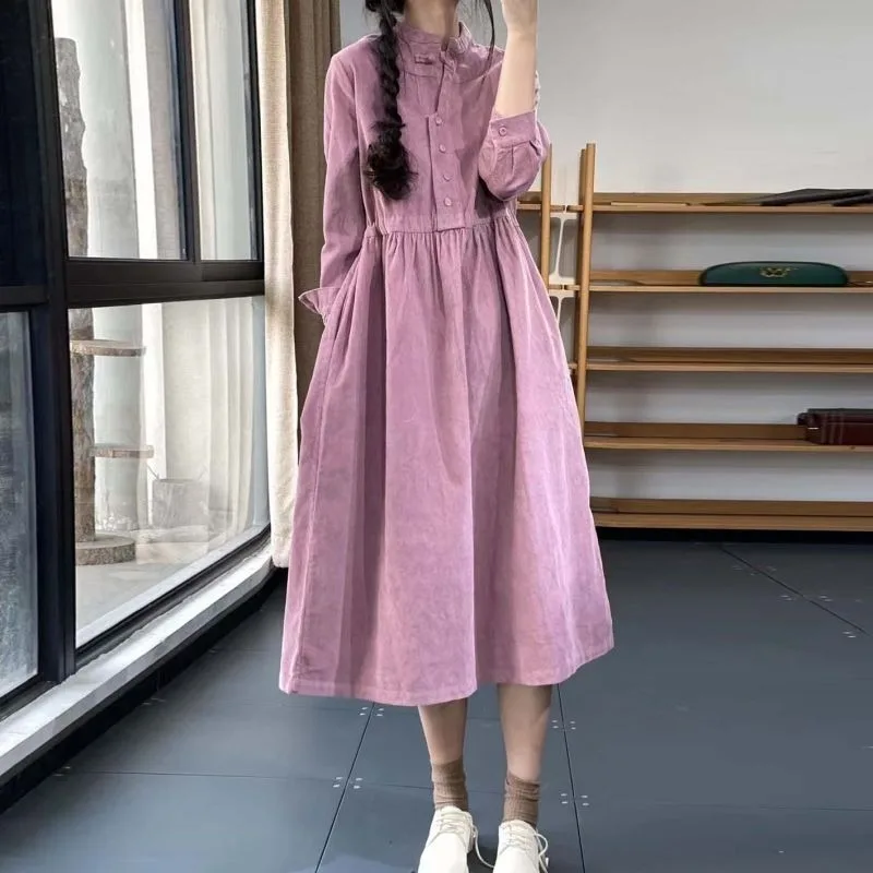 Major Brand Retro Sense Dial Buckle Corduroy Dresses Female Loose Look Slimmer Temperament Long Dress Mid-length Style