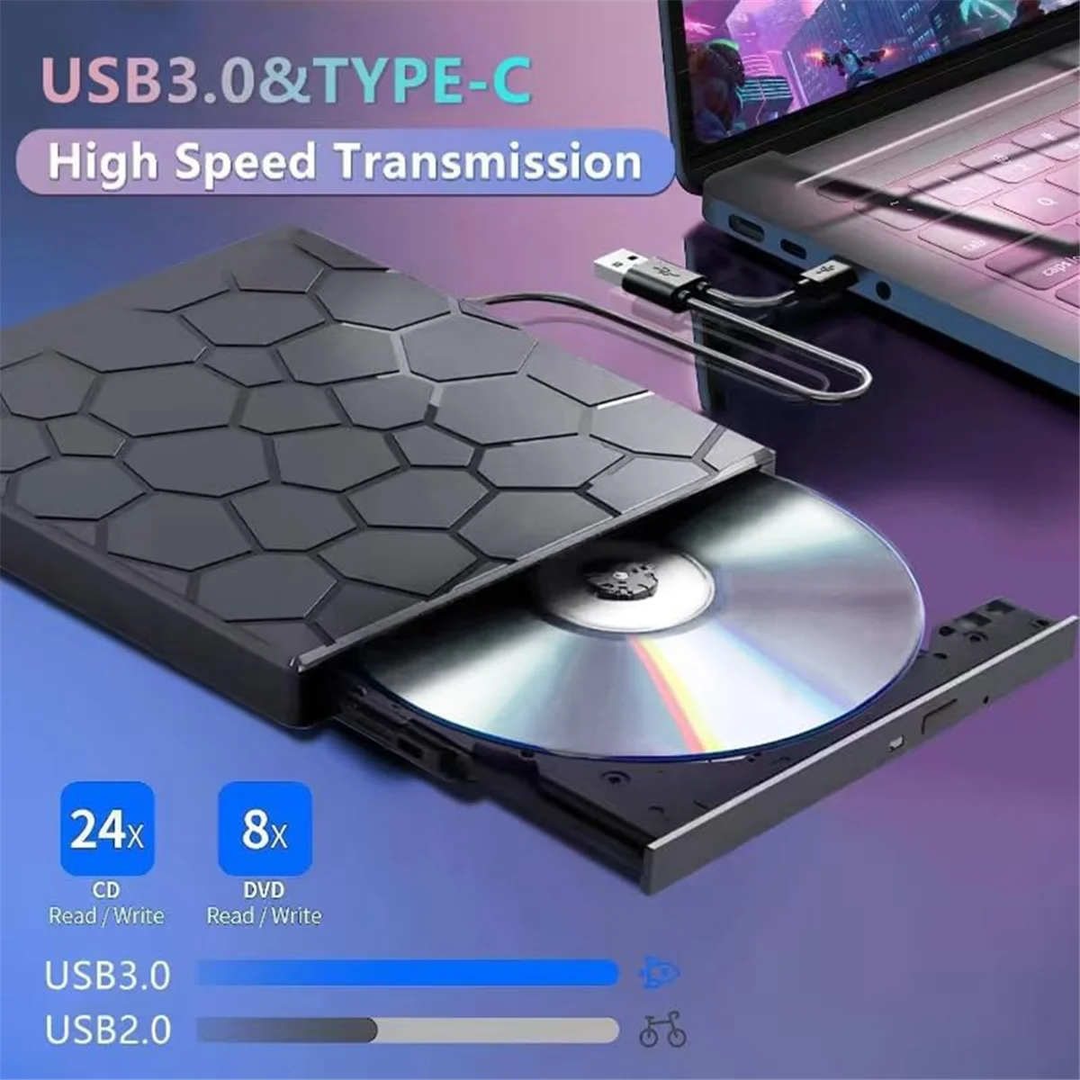 External CD/DVD Drive Player, 7 in 1 USB 3.0 CD/DVD-ROM +/-RW CD Burner for Laptop Desktop , 11/10/8/7 Linux