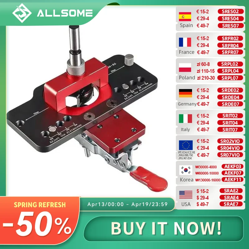 

Allsome 35mm Concealed Hinge Jig Kit Woodworking Hole Drilling Guide Locator,Aluminum Alloy Hole Opener Tools Puncher Template