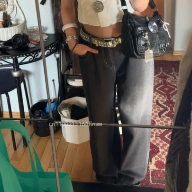 미국 스트리트 진즈 스트리트 댄스 힙합 스타일 레터 레트로 블루 루즈 하이웨이스트 와이드 레그 팬츠 커플 스트리트웨어