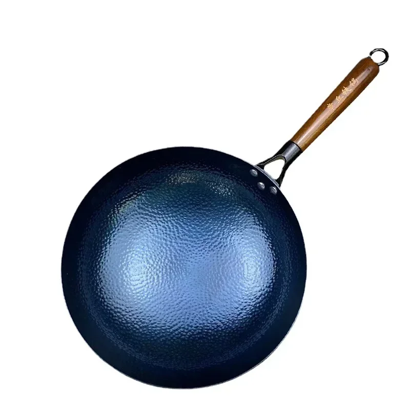 Hand Forged Zhangqiu Iron Pan Non Stick Wok Wooden Handle Fish Scale Design No Coating Home Cooking