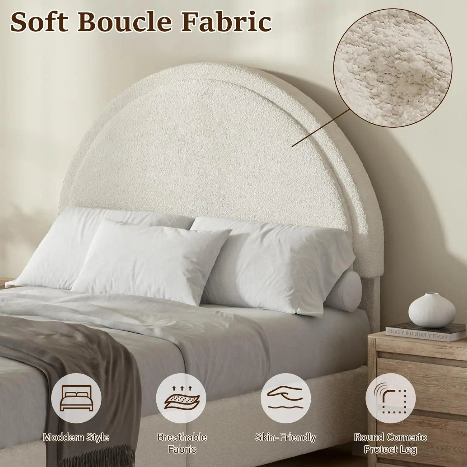 with Round Headboard, Soft Upholstered Bed Frame, Beige Bed Frame for Kids, Arch Shaped Modern Style, No