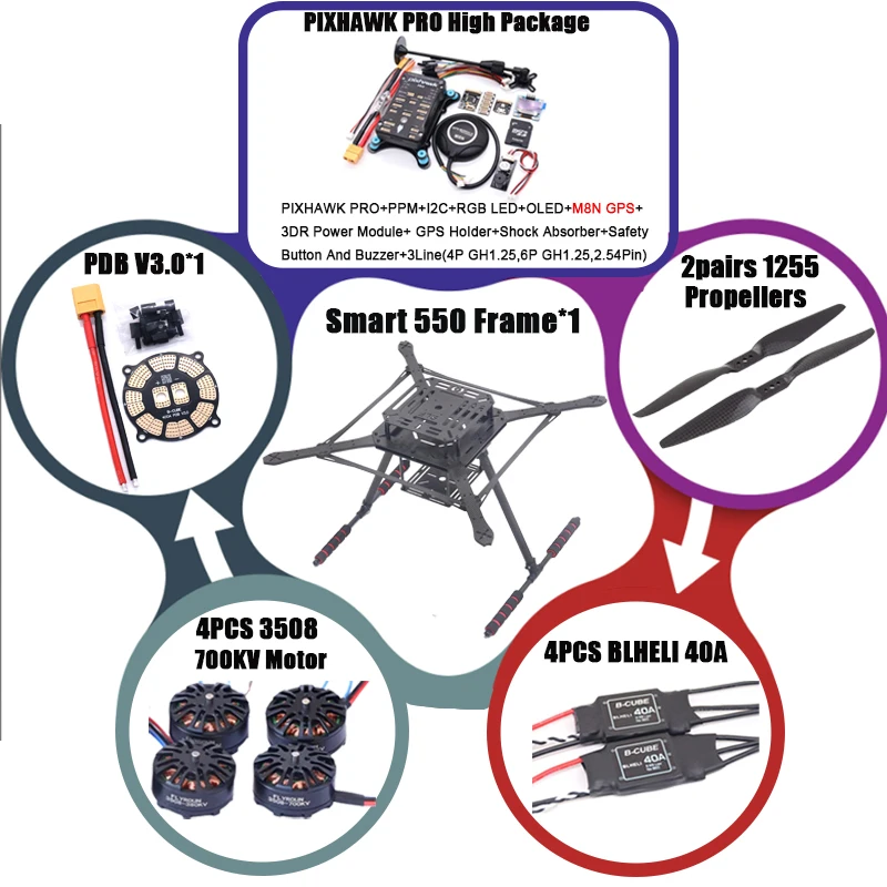 

PIXHAWK2.4.8 Flight Control Carbon Fiber Smart550 Frame Kit Ardupilot 100MW Radio Telemetry Quadcopter BLHELI 30A ESC 2212 Motor