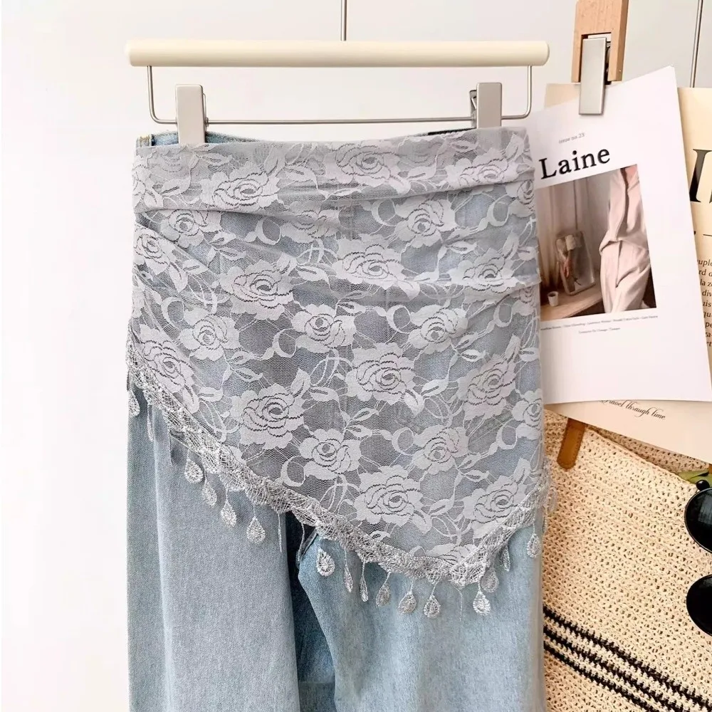 Fashion Sheer Mesh Hip Scarf Tassel Fringe Floral Print Waist Belt Scarf Triangle Mesh Layering Skirt For Women