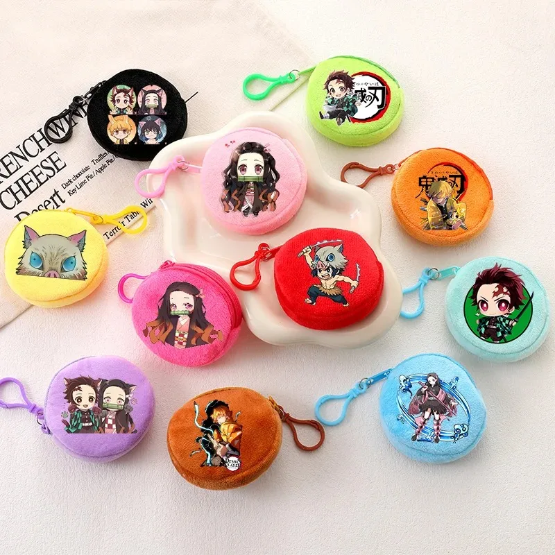 Porte-monnaie Demon Slayer rond multicolore, mini portefeuille avec figurine Kamado Nezuko, porte-monnaie à fermeture éclair pour garçons et filles, sacs à monnaie, cadeau d'anniversaire