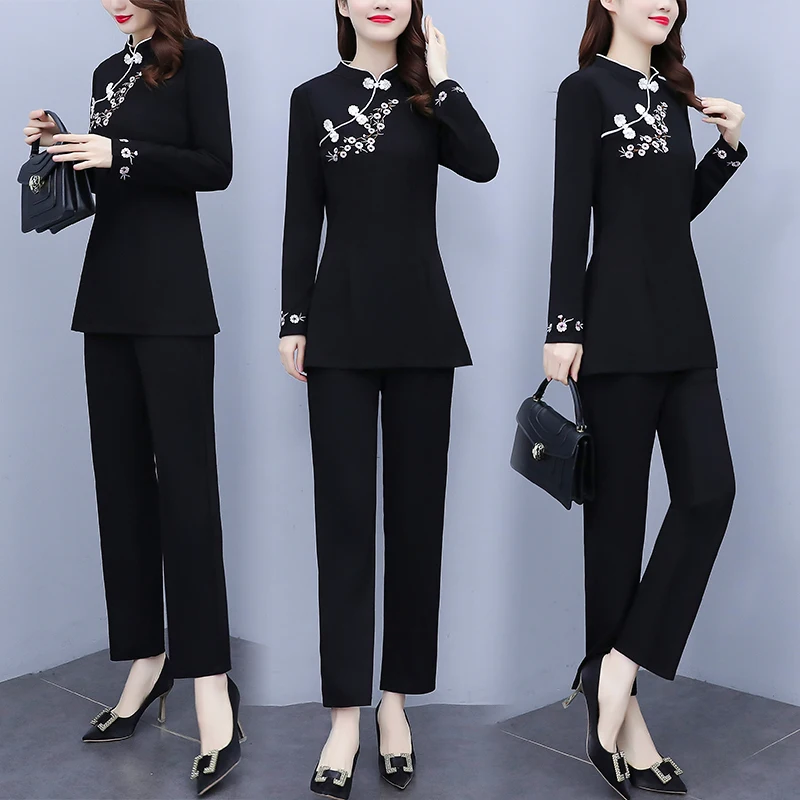 2 Piece Sets Womens Outfits Autumn New Improved Embroidered Cheongsam Slim Suit