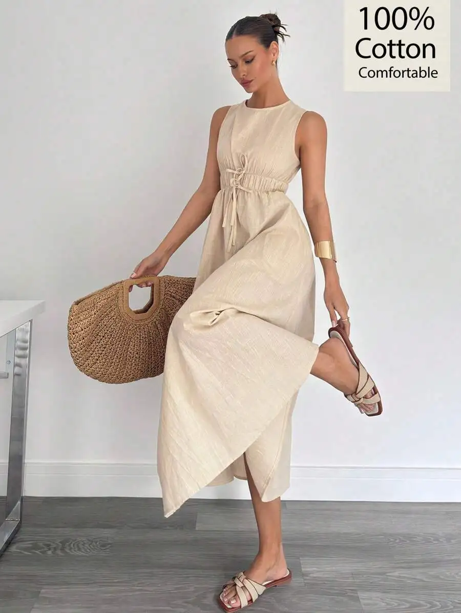 

Beige Cotton Sleeveless A-Line Midi Dress with Drawstring Waist