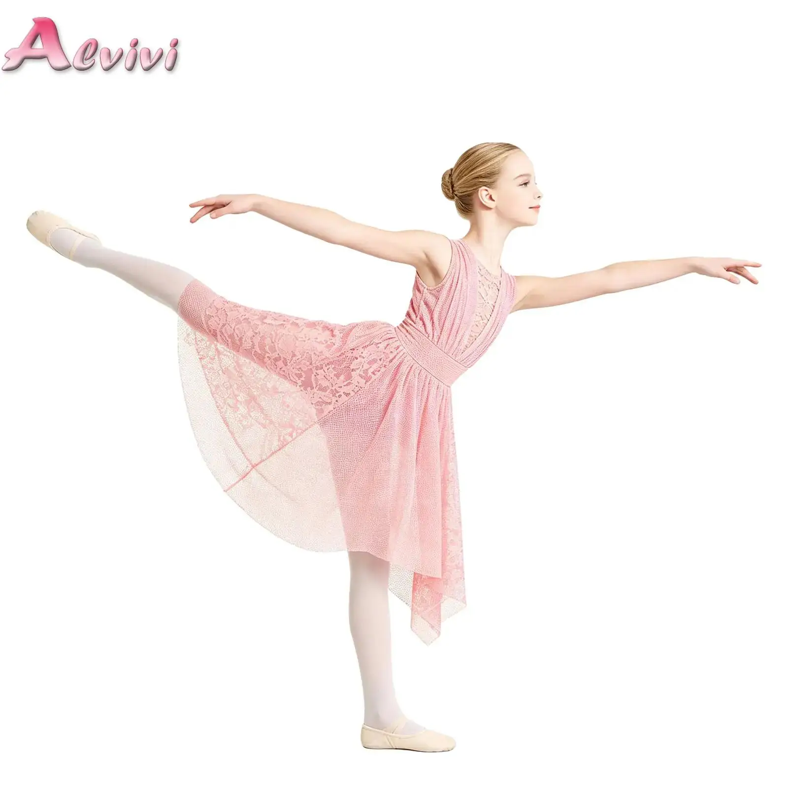 Kids Girls Lyrical Dance Performance Costume Floral Lace Sleeveless Cutout Back Ruched Front Shimmery Mesh Dress Skirted Leotard