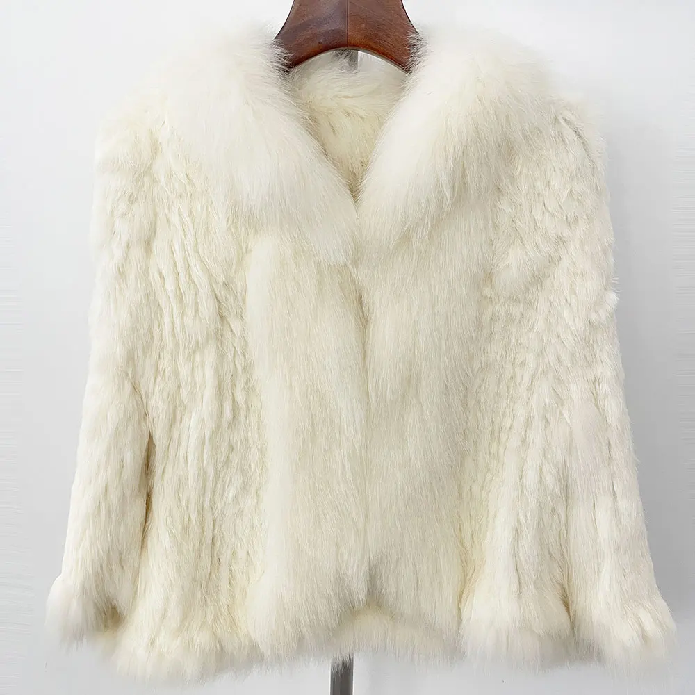 Abrigo de piel de conejo auténtica para invierno, chaqueta de piel de conejo auténtica Natural con cuello de piel de zorro Natural, chal tejido para otoño e invierno, 2024