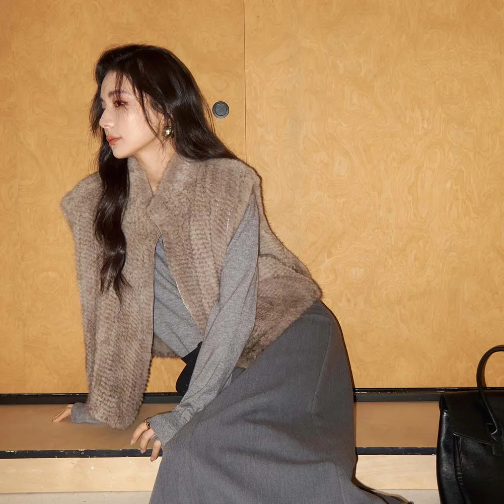 เสื้อกั๊กขนมิงค์ถักสองด้าน ผ้ากำมะหยี่นำเข้า ฤดูหนาวปี 2025 ทรงเข้ารูป