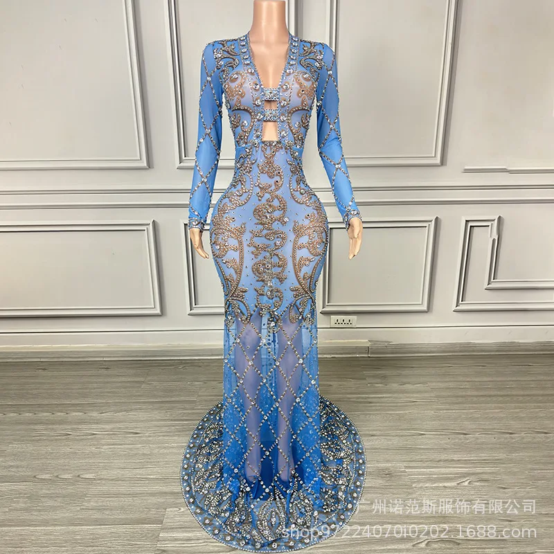 Niebieska Sukienka Wieczorowa z Głębokim Dekoltem w Serek, Prześwitująca Siateczka, Elegancka, na Urodziny, Koktajl, Bal, Spotkanie Firmowe, Sukienka dla Gospodyni, Vestido Festas