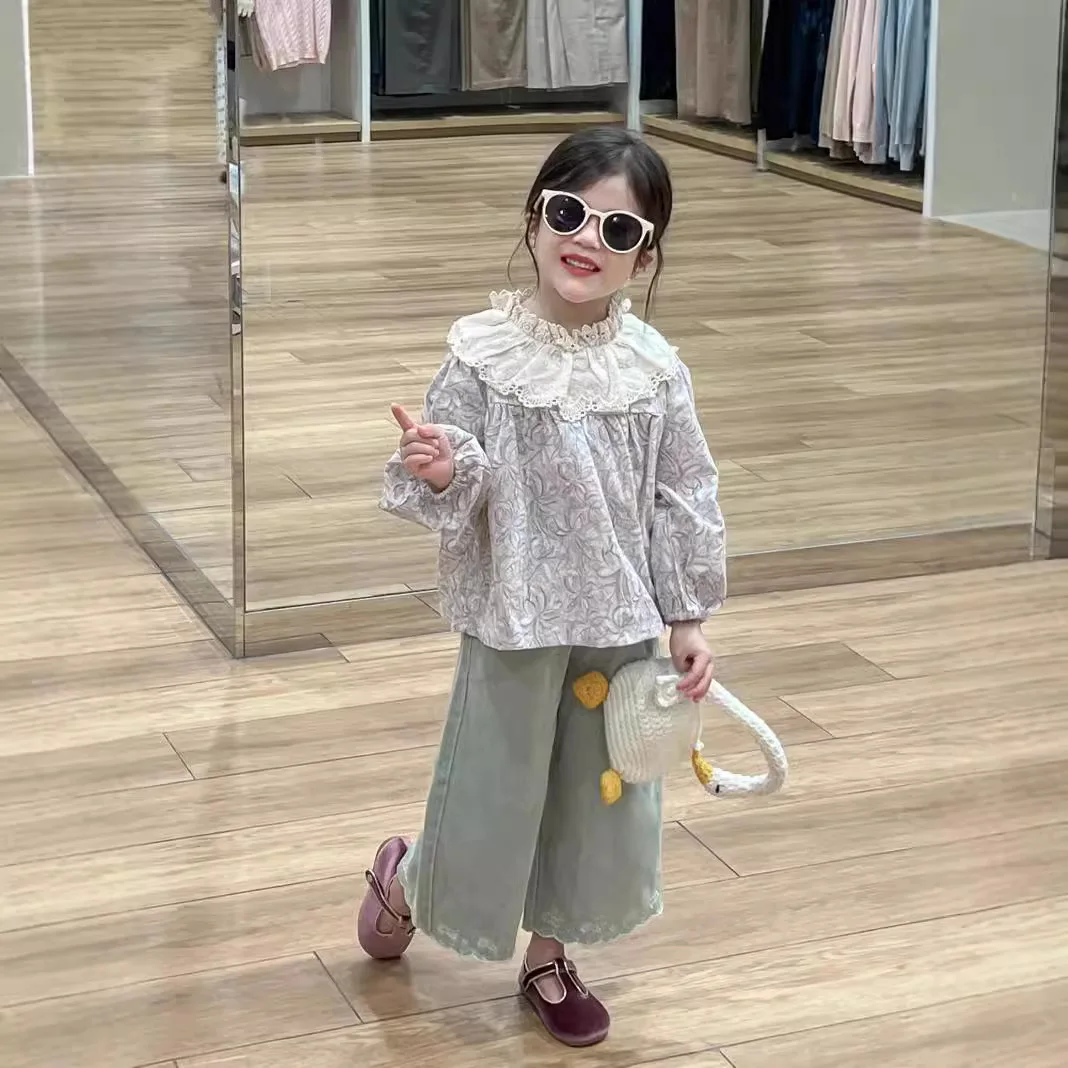 2025 Girls' Sweet Lace Large Lace Collar Stand Up Collar Floral Baby Shirt Embroidered Hem Wide-leg Pants