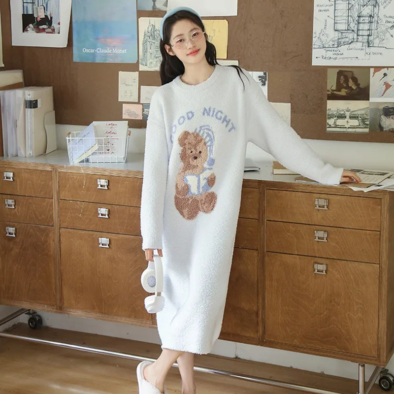 soft-plu-women's-nightgown-f-fce-knitted-home-clothes-long-bear-cartoon-design-autumn-winter-spwear-casual-outfit