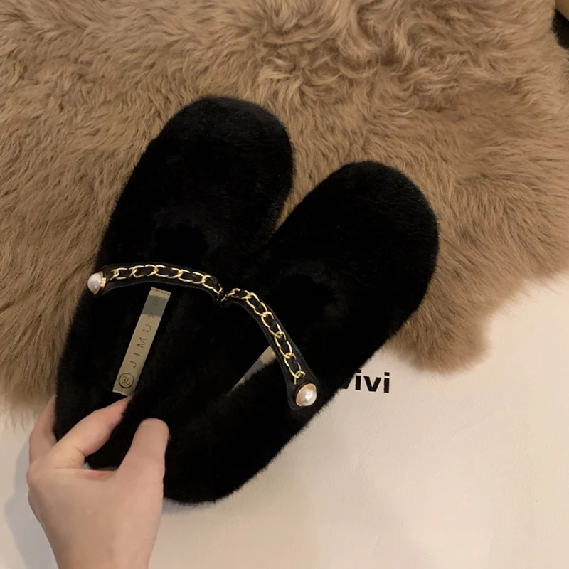 Autumn Winter Women Keep Warm Fur Flats Shoes Fashion Shallow Chain Shoes Ladies Comfort Soft Sole House Shoes