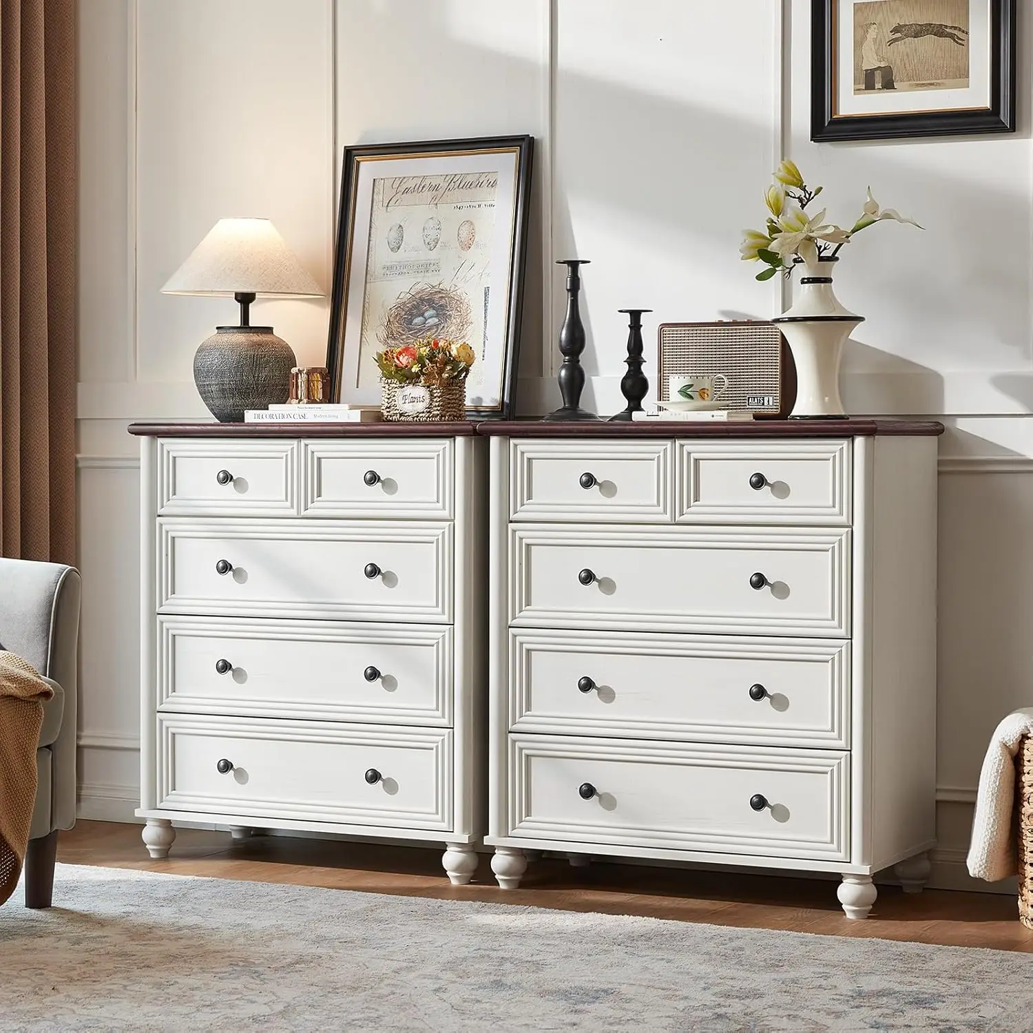 خزانة ملابس بيضاء ريفية ذات 5 أدراج، بطول 35.5 بوصة، منظم تخزين المزرعة لغرفة النوم وغرفة المعيشة والممر