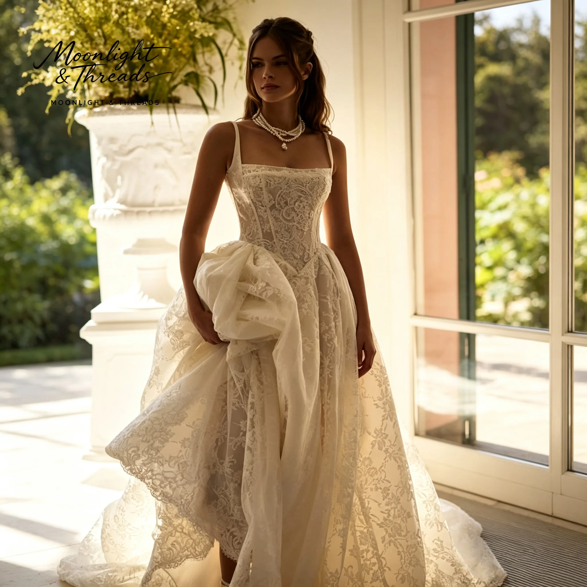 Ivory Lace Floor-Length Formal Wedding Gown Featuring a Strapless Bodice Full Skirt Boned Corset and embroidery image 3