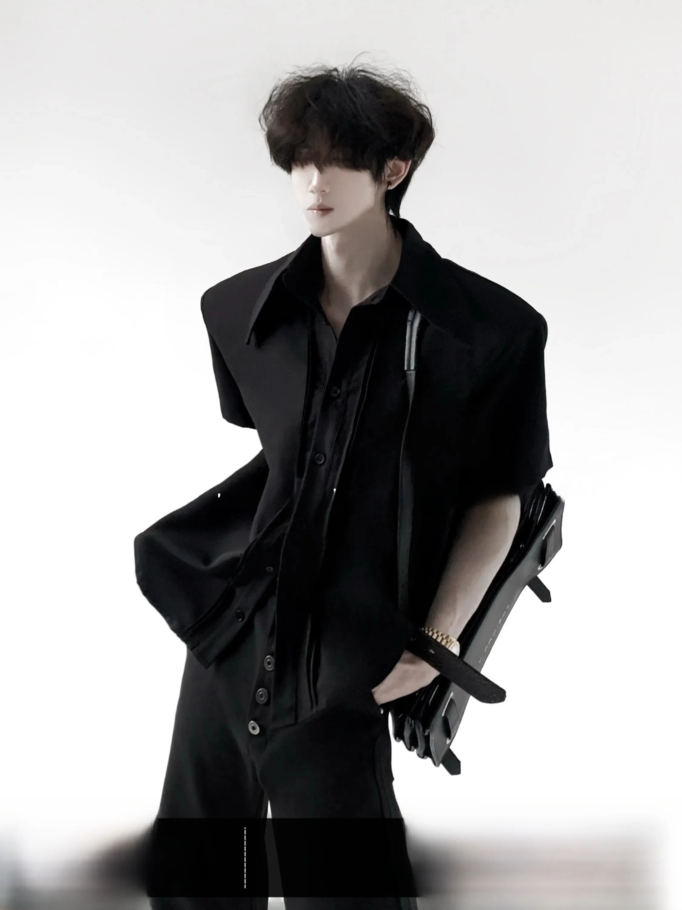 Anti-Wrinkle Shoulder Pad Short Sleeve Men's Shirt Deconstructed Court Style Pleated Design High-End Aesthetic T-Shirt